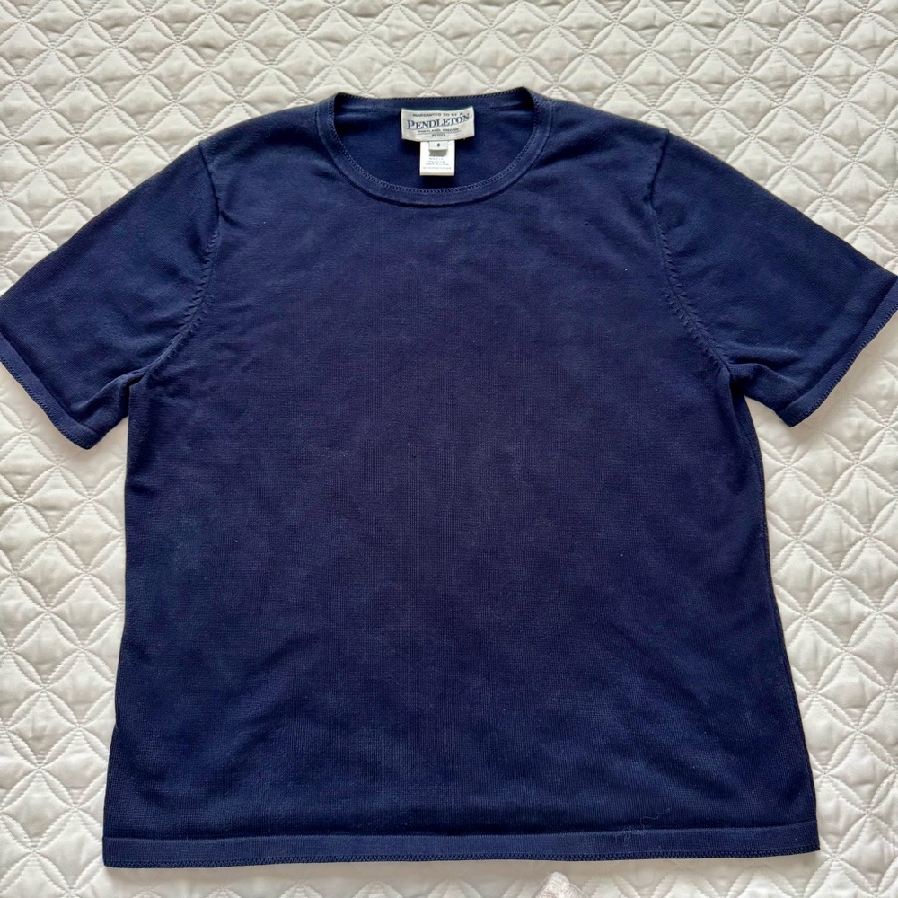 Pendleton Vintage Short Sleeve Silk Blend Crewneck Sweater Tee Navy Blue Sz PS
